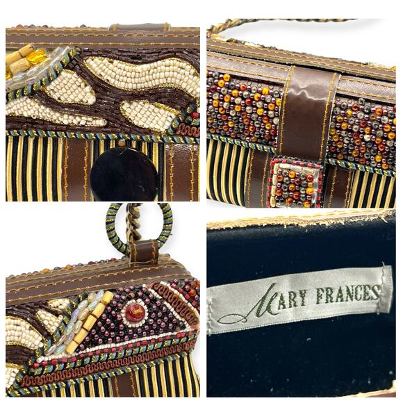 Mary Frances Vintage Beaded Baguette Hard Shell Shoulder Handbag Brown Gold Tan - Picture 9 of 14